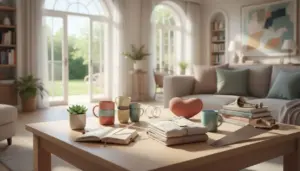 Salotto luminoso e ordinato con oggetti decorativi su un tavolino in legno.