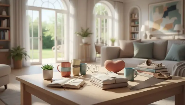 Salotto luminoso e ordinato con oggetti decorativi su un tavolino in legno.