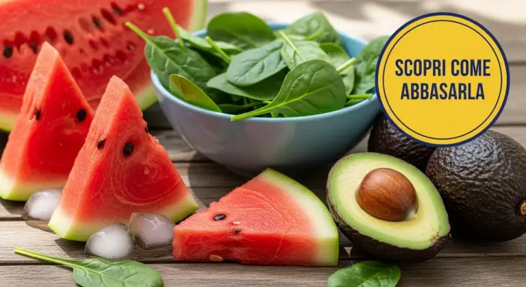 Fette di anguria, avocado e foglie di spinaci freschi su un tavolo di legno