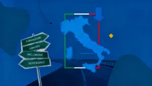 Cartello stradale con parole come formazione e inclusione davanti a mappa dell’Italia
