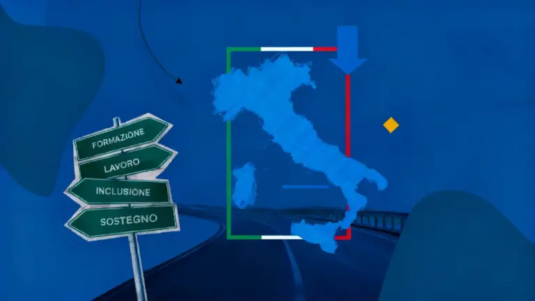 Cartello stradale con parole come formazione e inclusione davanti a mappa dell’Italia