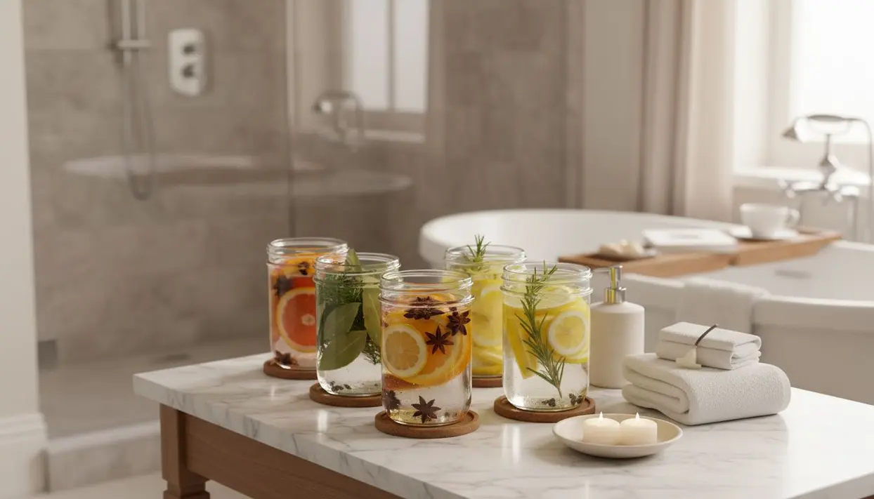Barattoli con fette di agrumi e spezie su un piano in marmo in un bagno elegante