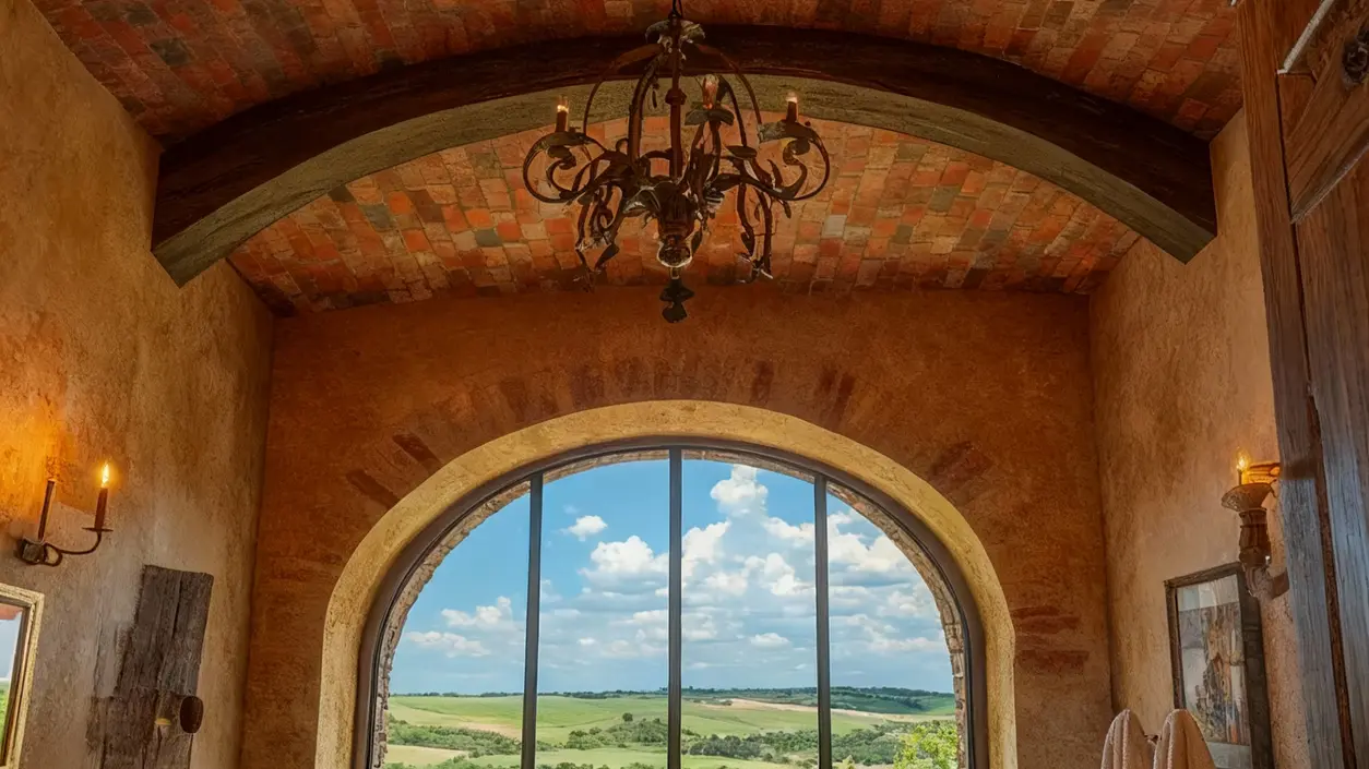 Interno di un bagno rustico con pareti in pietra e ampia finestra ad arco su paesaggio collinare