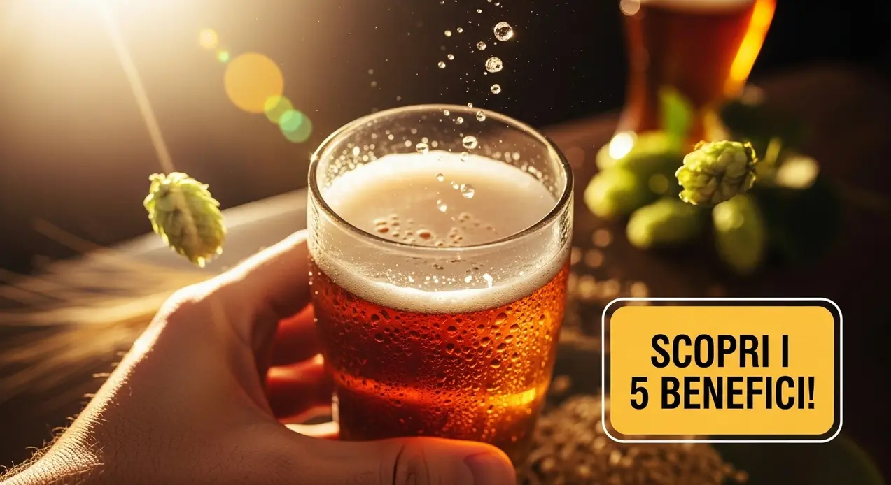 Bicchiere di birra ambrata con luppolo e ingredienti naturali sullo sfondo