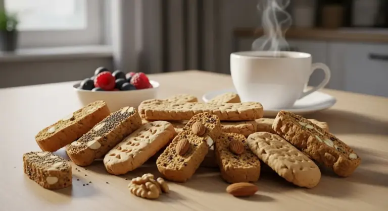 Biscotti secchi con frutta secca e semi su un tavolo accanto a una tazza di caffè e una ciotola di frutti di bosco.