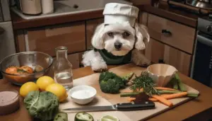 Cane in cucina con ingredienti naturali come limoni, verdure e bicarbonato su un tagliere