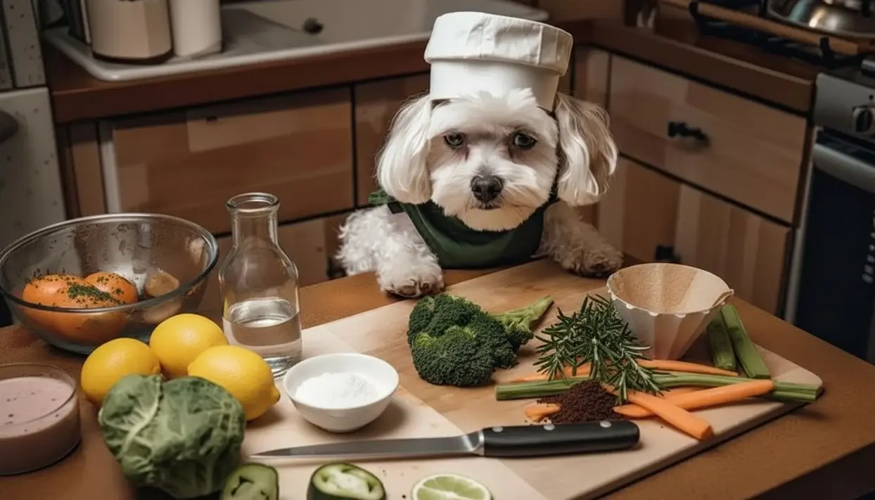 Cane in cucina con ingredienti naturali come limoni, verdure e bicarbonato su un tagliere