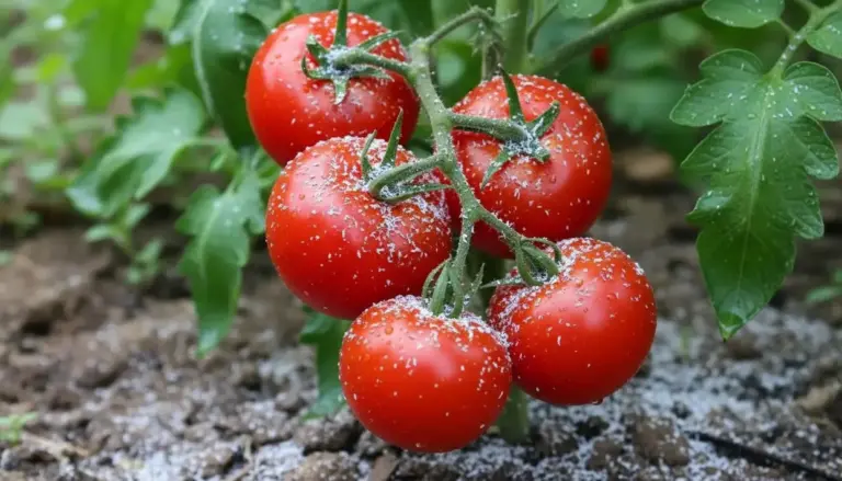 Pomodori maturi su pianta con cenere sparsa sul terreno e sui frutti
