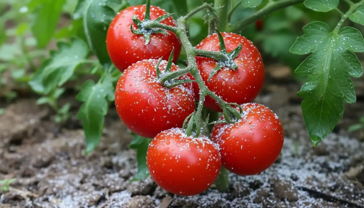 Pomodori maturi su pianta con cenere sparsa sul terreno e sui frutti