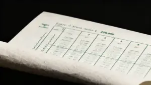 Primo piano di un vecchio buono fruttifero postale con tabelle stampate.