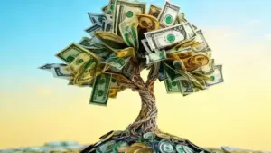 Albero stilizzato con banconote come foglie e monete alla base, su sfondo azzurro