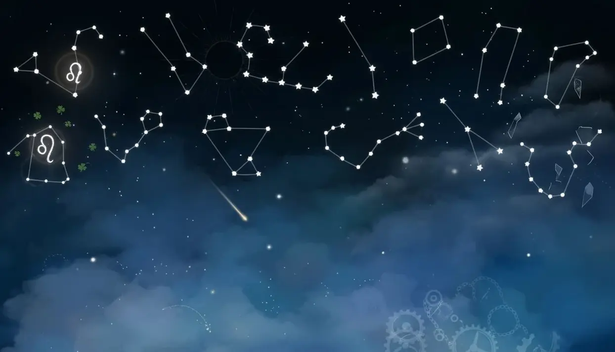 Costellazioni zodiacali su sfondo notturno con nuvole e stelle