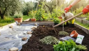 Persona che disinfetta naturalmente il terreno dell'orto con infusi e materiali organici