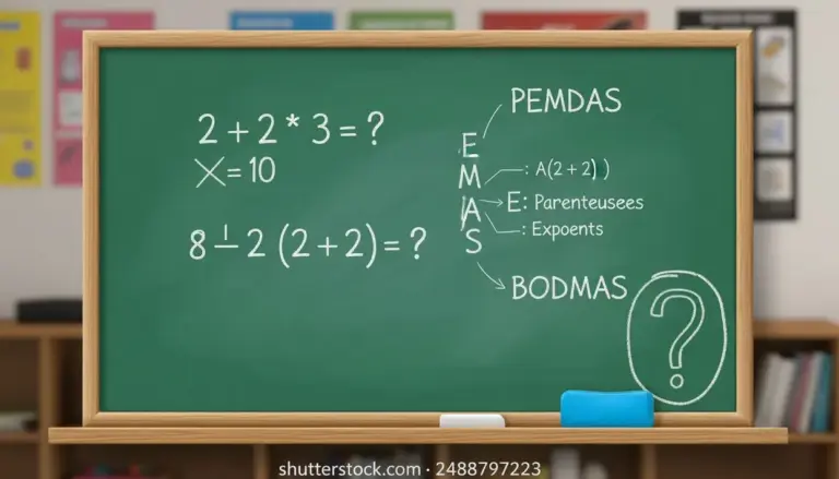 Lavagna con operazioni matematiche e sigle PEMDAS e BODMAS