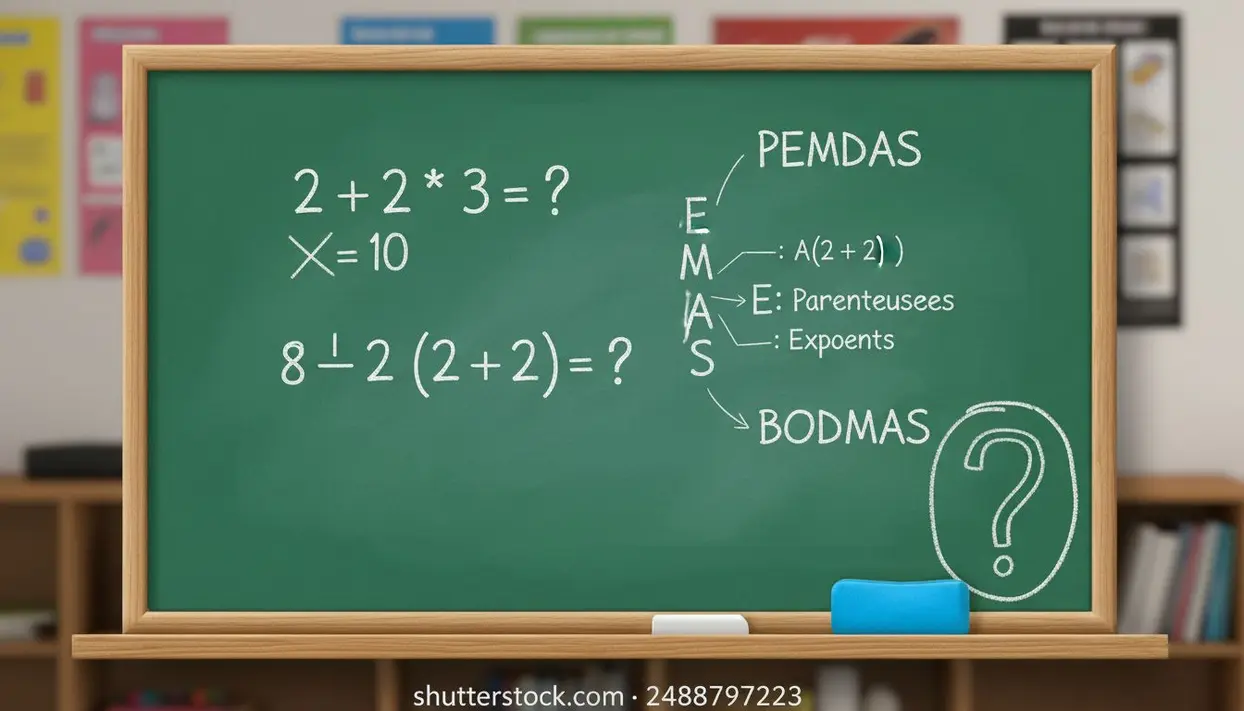 Lavagna con operazioni matematiche e sigle PEMDAS e BODMAS