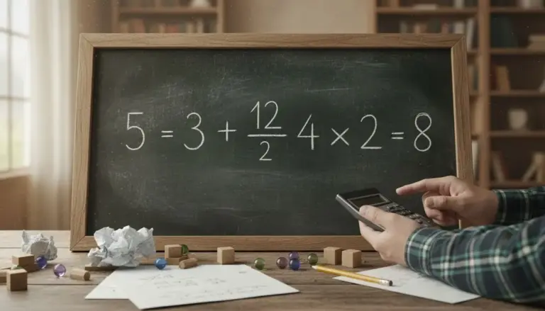 Una mano con calcolatrice davanti a una lavagna con un'espressione matematica complessa