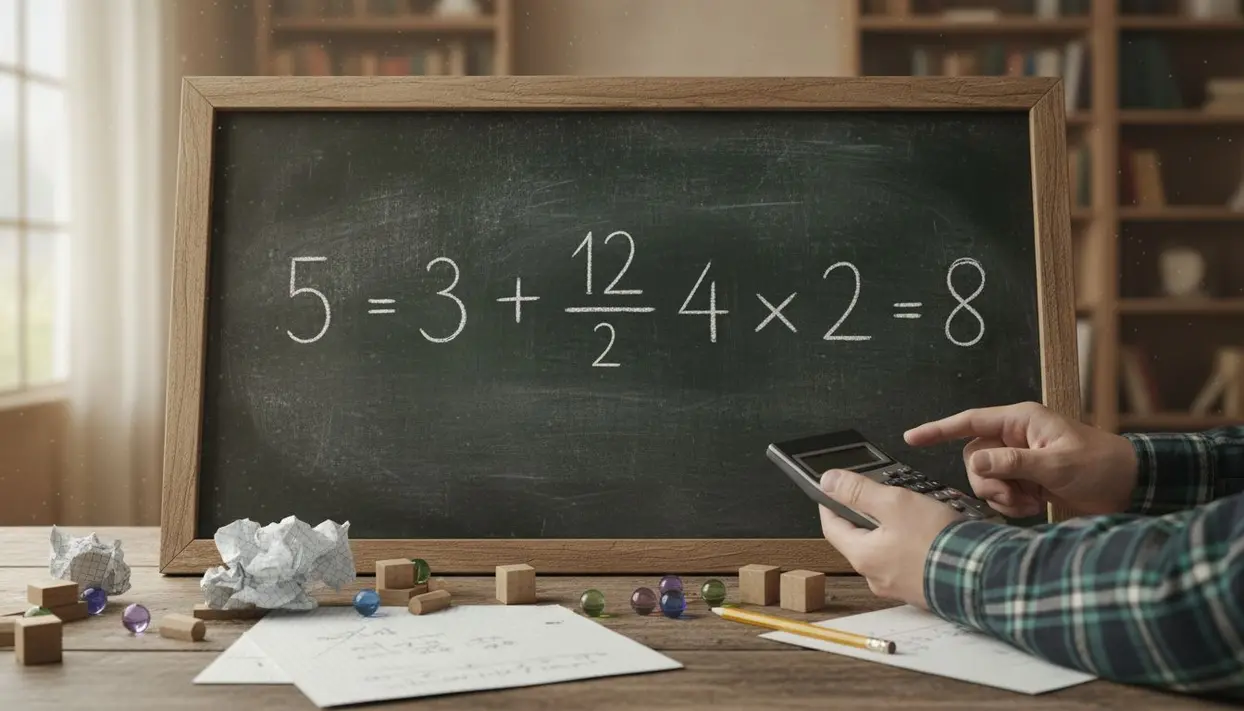 Una mano con calcolatrice davanti a una lavagna con un'espressione matematica complessa