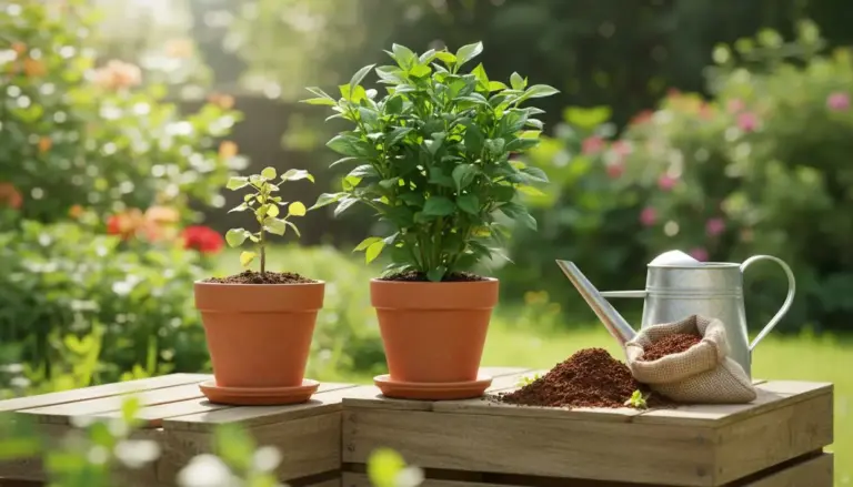 Due piante in vaso su un tavolo all'aperto, accanto a fertilizzante naturale e un annaffiatoio