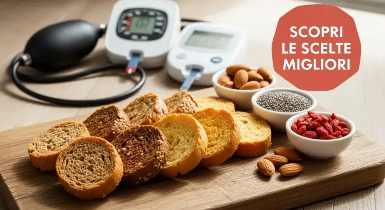 Fette biscottate di diversi tipi su un tagliere con mandorle, semi e strumenti medici sullo sfondo