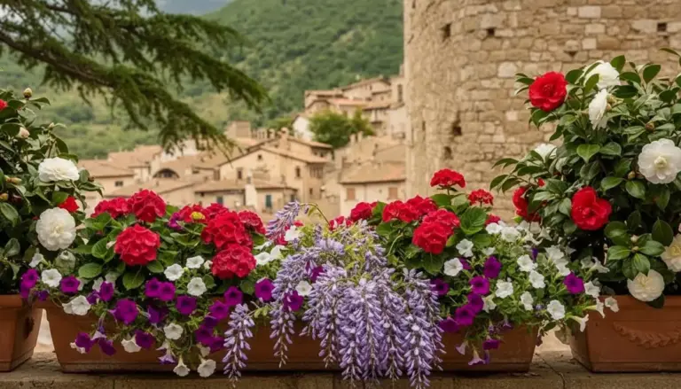 Fiori colorati in vasi grandi su un balcone con vista su un borgo e colline verdi