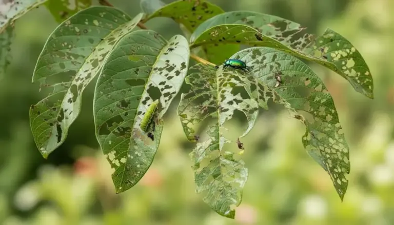 Foglie di pianta danneggiate da insetti, con buchi e segni di masticazione visibili