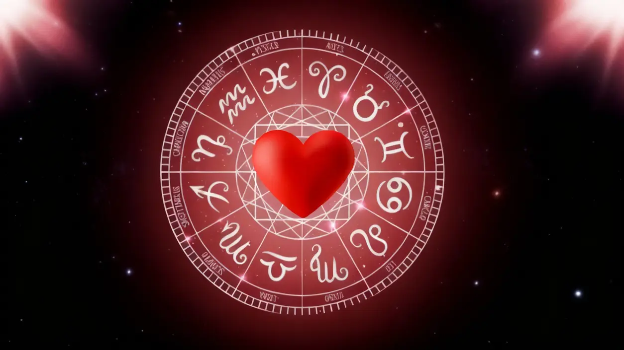 Cuore rosso al centro di un cerchio zodiacale su sfondo stellato