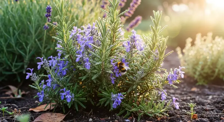 Pianta di rosmarino in fiore con un'ape su un fiore, in un giardino soleggiato.