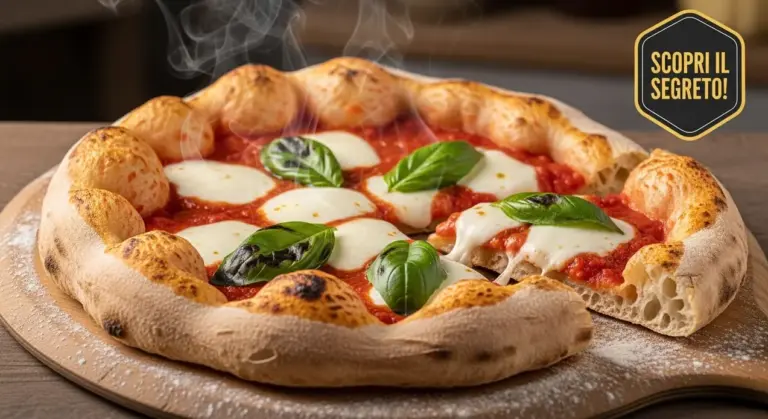 Pizza margherita con impasto soffice, cornicione alto e basilico fresco su tagliere di legno.