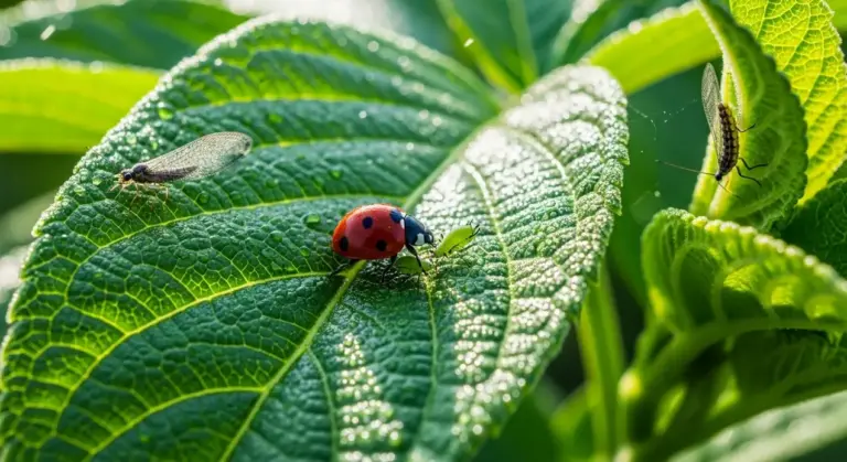 Coccinella su foglia verde mentre si nutre di un afide, circondata da altri insetti