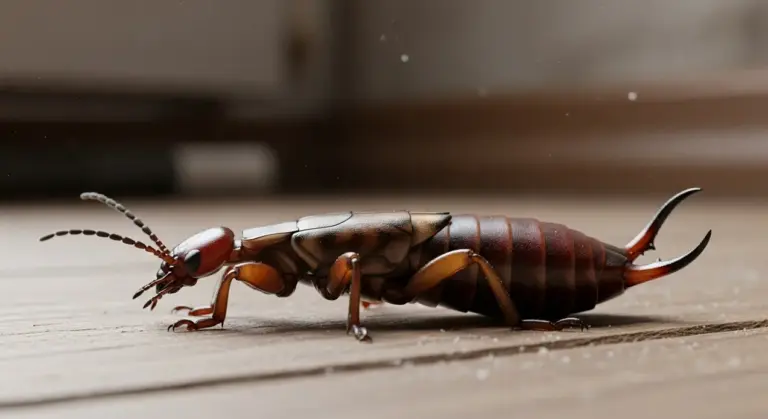 Un insetto forbice su un pavimento di legno in ambiente domestico