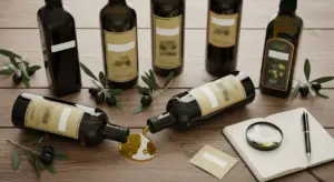 Bottiglie di olio d'oliva non etichettate su un tavolo con olive e blocco note