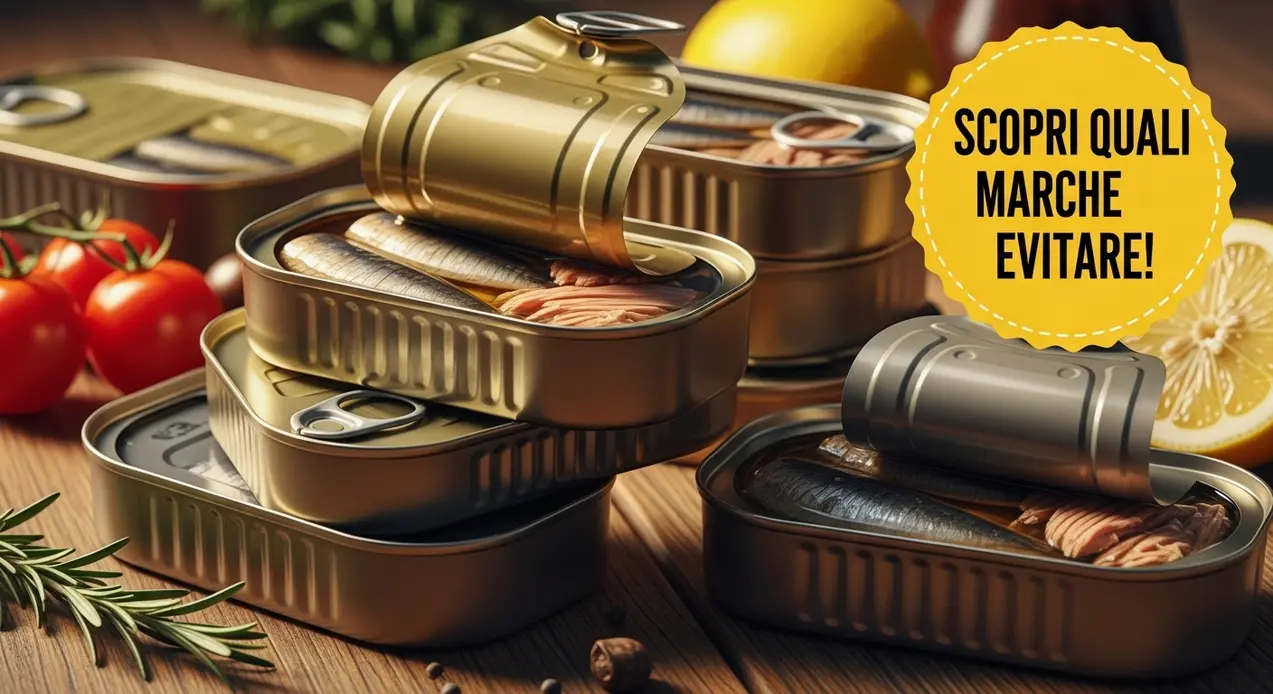 Scatolette di tonno aperte disposte su un tavolo con ingredienti freschi intorno