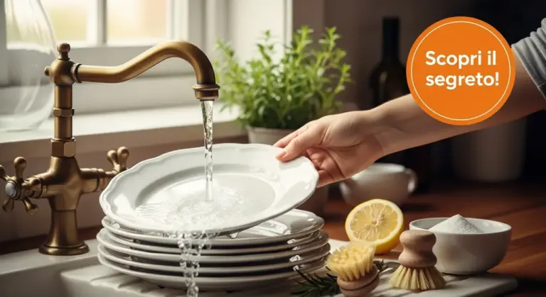 Persona che lava piatti sotto l'acqua con limone, sale e spazzole naturali sullo sfondo