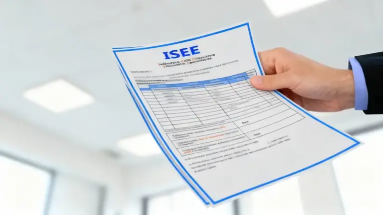 Una mano tiene un modulo ISEE in un ufficio luminoso