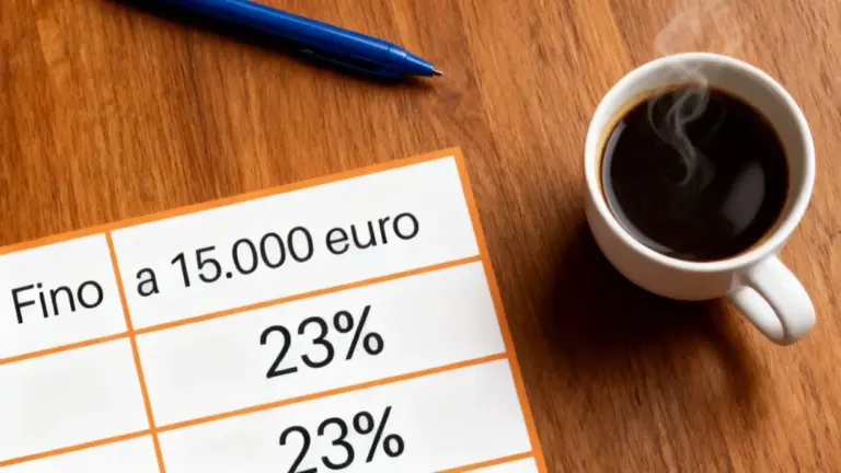 Tazza di caffè su tavolo accanto a foglio con aliquote fiscali IRPEF
