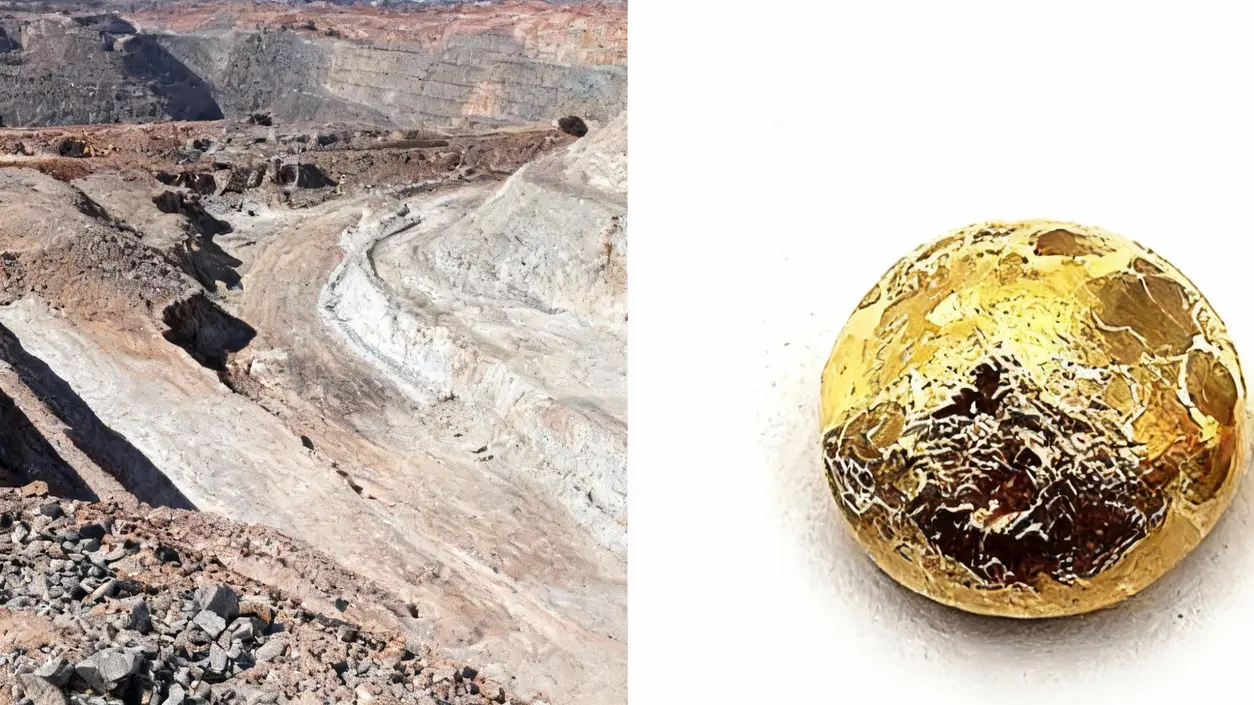 Una miniera a cielo aperto e un pezzo di oro fuso su sfondo bianco