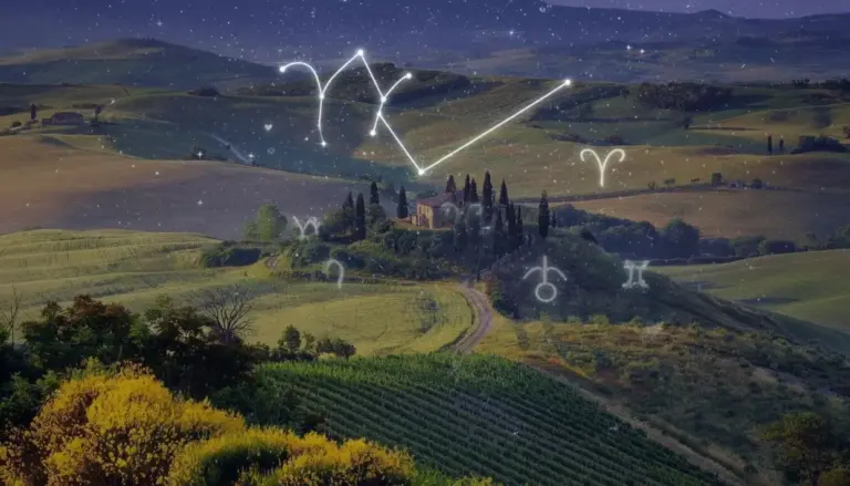 Paesaggio collinare con simboli zodiacali e costellazione del Capricorno nel cielo notturno