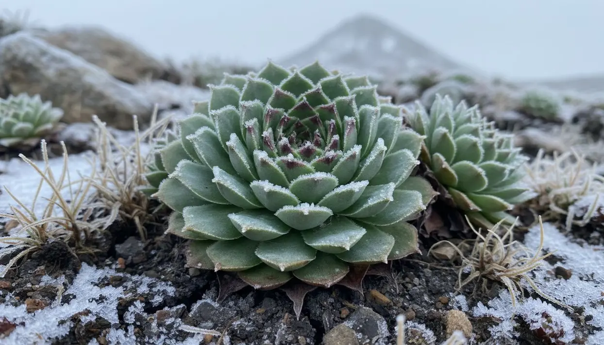 Pianta grassa resistente al freddo con brina sulle foglie in un paesaggio montano