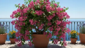 Pianta con fiori rosa in vaso su un balcone assolato vista mare