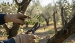 Persona con guanti pota un ramo di ulivo con olive verdi in un uliveto.