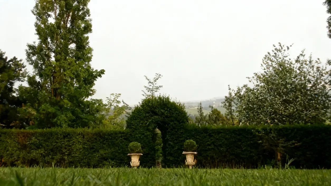 Giardino con siepe potata ad arco e due vasi decorativi in primo piano