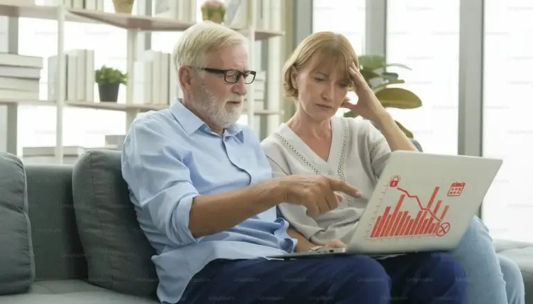 Due persone anziane preoccupate guardano un grafico in calo su un laptop