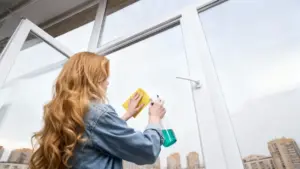 Persona che pulisce un vetro con uno spray e un panno giallo