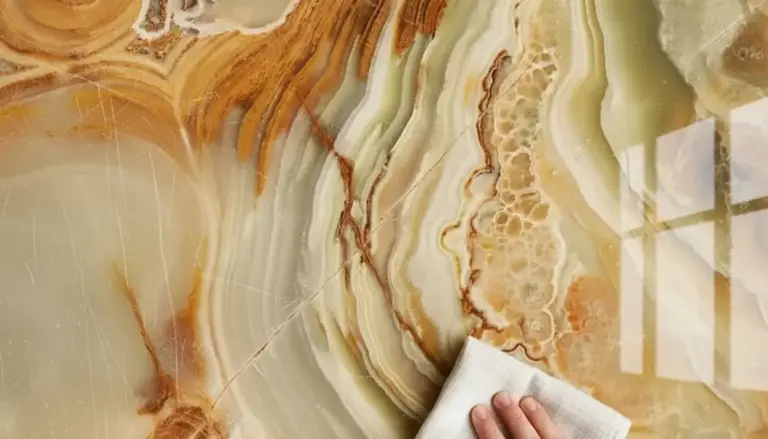 Una mano pulisce una superficie di marmo opaco con un panno bianco