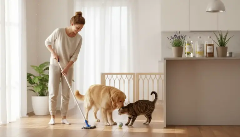 Persona che pulisce il pavimento vicino a un cane e un gatto in una casa luminosa