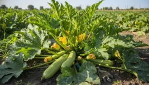 Pianta di zucchine in piena crescita in un orto soleggiato