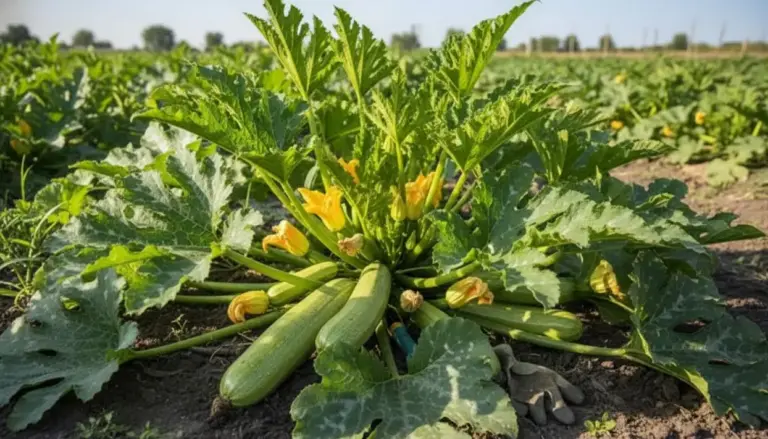 Pianta di zucchine in piena crescita in un orto soleggiato