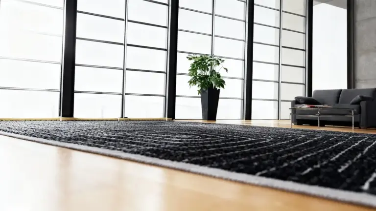 Soggiorno moderno con tappeto su pavimento in legno e ampie vetrate