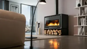 Stufa moderna accesa in un salotto con legna accatastata sotto e arredamento minimalista