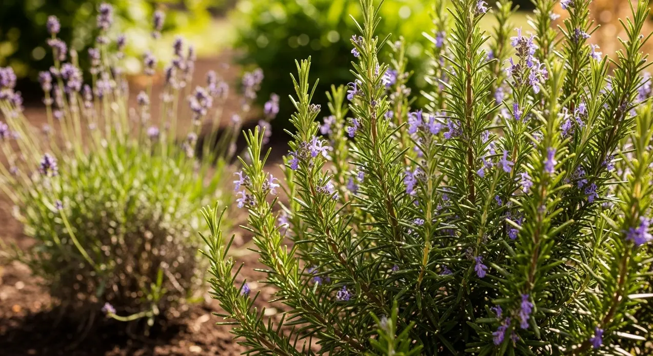 Piante di rosmarino e lavanda in un giardino soleggiato